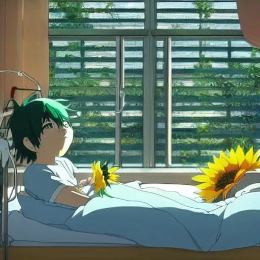 Prompt: a boy with long green hair lies in a hospital bed with a bunch of sunflowers by the window, by mamoru hosoda, hayao miyazaki, makoto shinkai