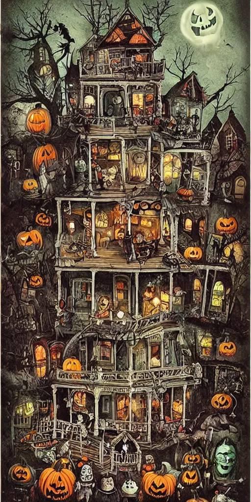 Image similar to a vintage halloween scene by alexander jansson and where's waldo