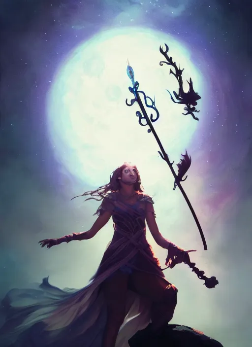 Prompt: hyper realistic photo of beautiful conjurer girl holding a magic staff under the moonlight, full body, rule of thirds, conceptart, saturated colors, cinematic, greg rutkowski, brom, james gurney, mignola, craig mullins, artstation, cgsociety