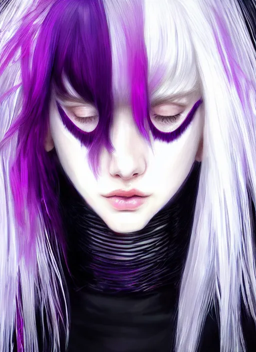 Image similar to hair whitebangs hair, black cyberlox, portrait of normal teenage girl, white bangs, messy bangs, fluffy bangs, cyberlox, whitebangs, red irises, purple background, intricate, elegant, highly detailed, digital painting, artstation, concept art, sharp focus, smooth, illustration, art by wlop, mars ravelo and greg rutkowski