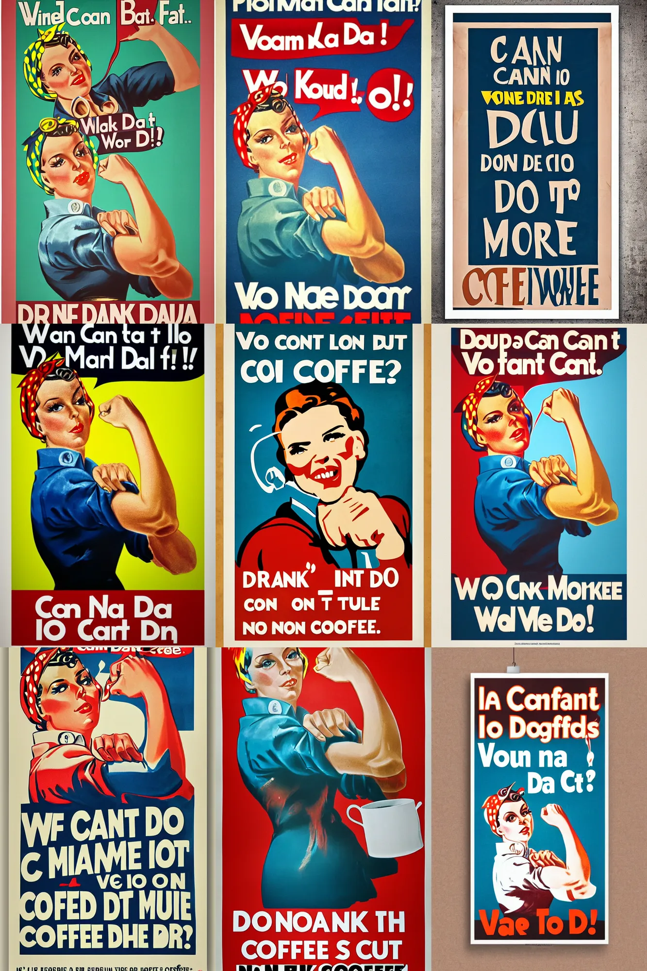 Prompt: propaganda poster, we can do it, Drink more coffee, full colour print