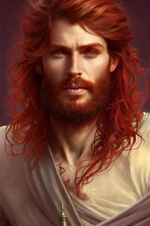 Prompt: portrait of a young ruggedly handsome but joyful pirate, male, masculine, full body, red hair, long hair, fantasy, intricate, elegant, highly detailed, digital painting, artstation, concept art, matte, sharp focus, illustration, art by artgerm and greg rutkowski and alphonse mucha