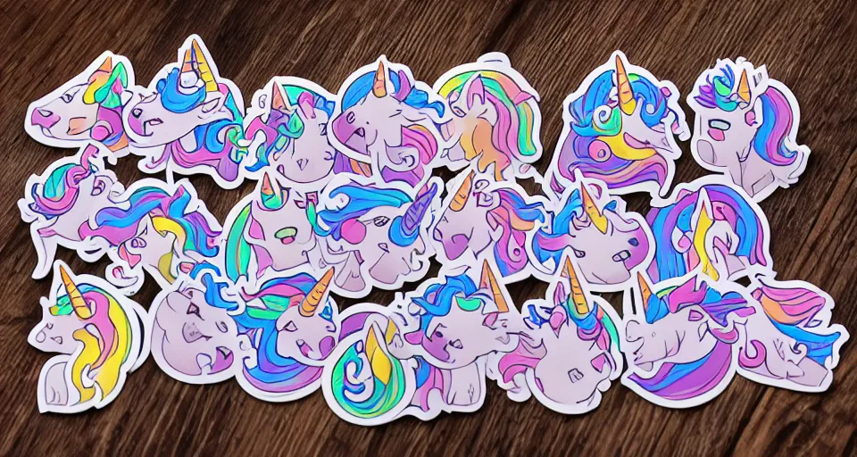 Prompt: a colorful unicorn sticker unicorn in style of my little poney