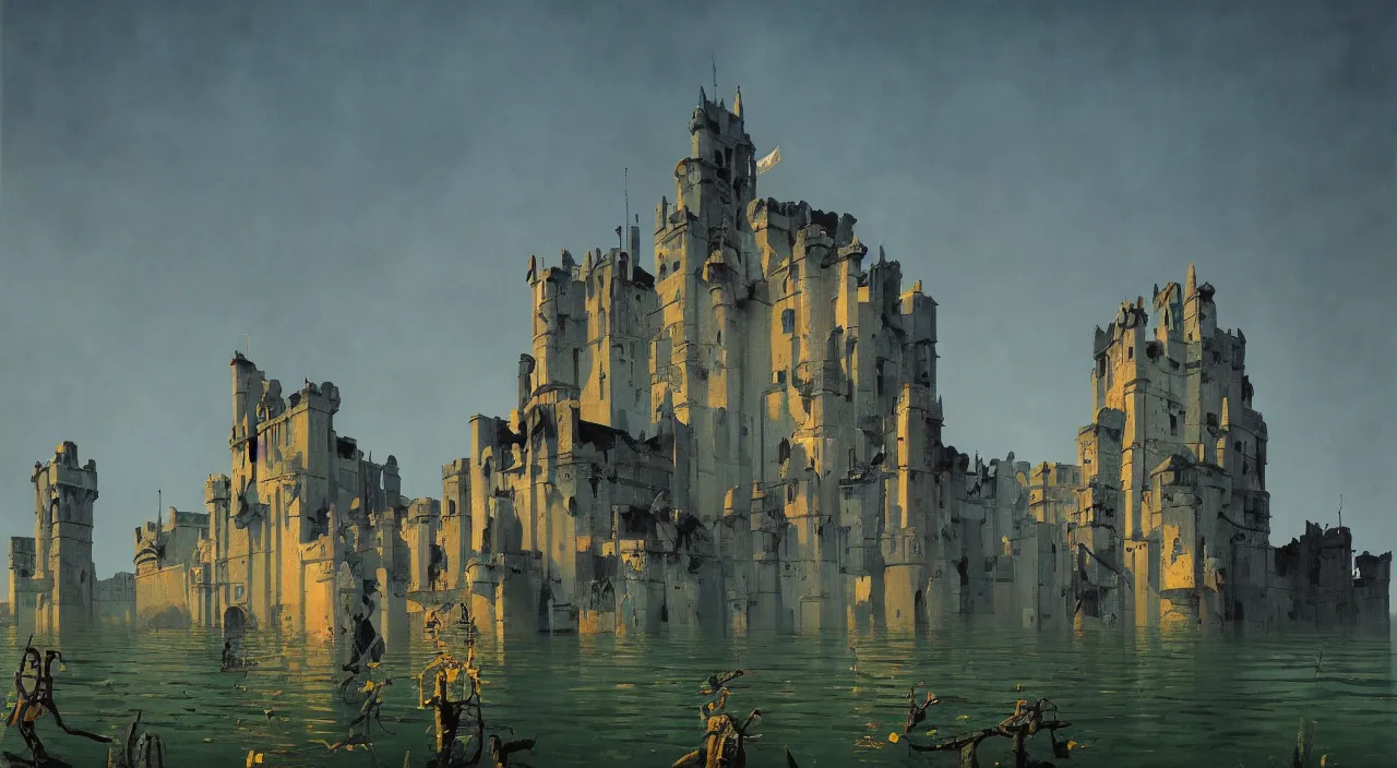 Prompt: a high contrast! painting of a minimalist flooded ancient castle by rene magritte simon stalenhag carl spitzweg jim burns, full-length view, vibrant colors, extremely high contrast!, symmetry, great composition, high detail, cinematic lighting, award winning masterpiece, trending on artstation