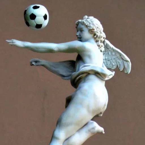 Prompt: detailed marble statue of an angel soccer goal keeper catching a ball