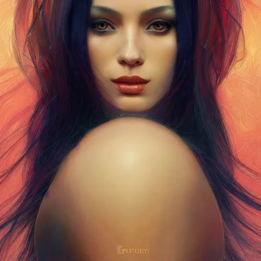 Prompt: a beautiful detailed colorful illustration of an attractive female with long black hair covering part of her face, centered, glamour portrait, by karol bak and beeple, trending on artstation and 5 0 0 px and behance, extreme detailing, realistic, f 8, 4 k hd wallpaper