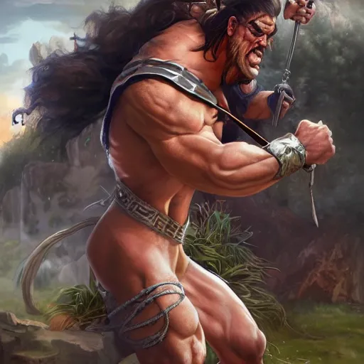 Prompt: a hyper realistic keyframe of a cartoon character brought to the real world, a combination of a beefy conan the barbarian and a warlock with a kind heart, the setting is a normal suburban backyard by Huang Guangjian and Gil Elvgren and Sachin Teng 8k,