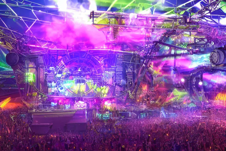 Prompt: a huge outdoor festival stage, center of the stage is a huge futuristic steampunk generators surrounded by steampunk machinery with huge loudspeakers, rock musicians on the stage, laser show, 8 k, fluorescent colors, halluzinogenic, multicolored, exaggerated detailed, unreal engine