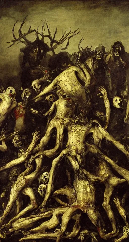 Image similar to mansion house of hungry cannibals tearing each other apart, covered in blood and black tattered clothing, standing on piles of limbs, hyperrealistic, horror, gothic, lovecraftian, 4 k, realistic, high detail, gruesome, by francisco goya