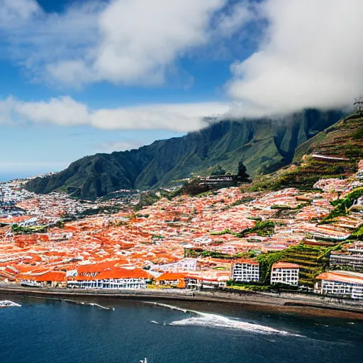 Image similar to madeira island, funchal, the bay, very very wide shot, photo - realism, cinematic shot. photography