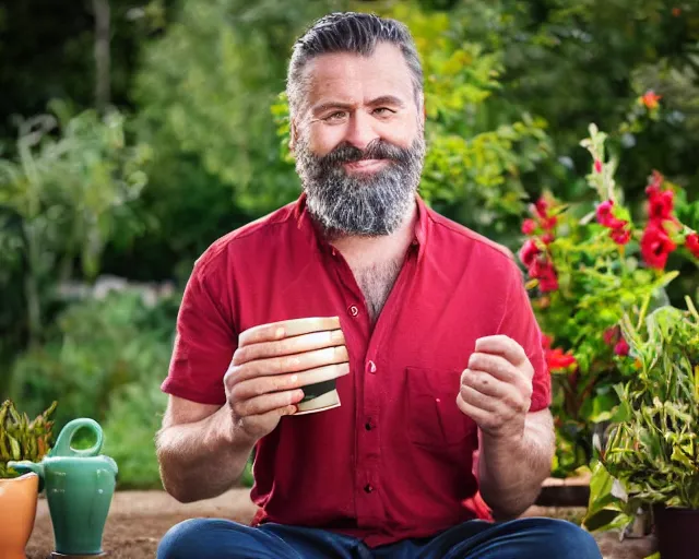 Image similar to mr robert is drinking fresh tea, smoke pot and meditate in a garden from spiral mug, detailed smiled face, short beard, golden hour closeup photo, red elegant shirt