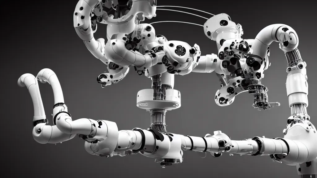 Image similar to a complex bifurcated robotic cnc surgical arm hybrid mri 3 d printer machine making swirling black and white ceramic mandlebulb mutant forms in the laboratory inspection room, film still from the movie directed by denis villeneuve with art direction by salvador dali, wide lens, f 3 2, cinematic lighting, studio quality, smooth render, unreal engine 5 rendered, octane rendered