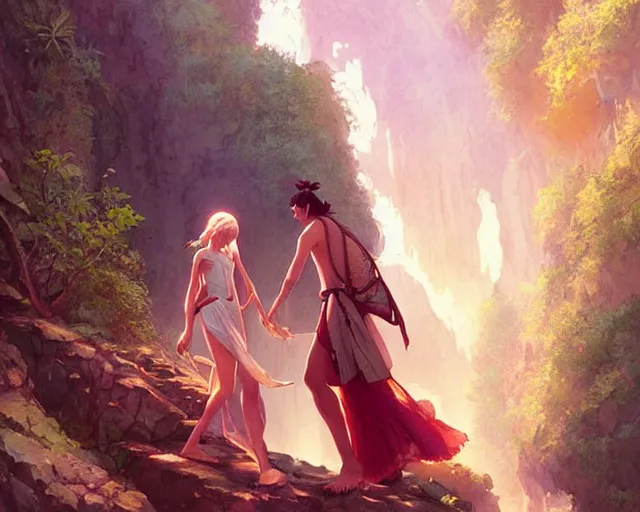 Image similar to a cinematic boy girl traditional romance moment, exploring the caves boho clothing, full body illustration, bestselling movie art poster, official media, 1970s fashion, dynamic lighting official anime media, incredible art by artgerm and greg rutkowski