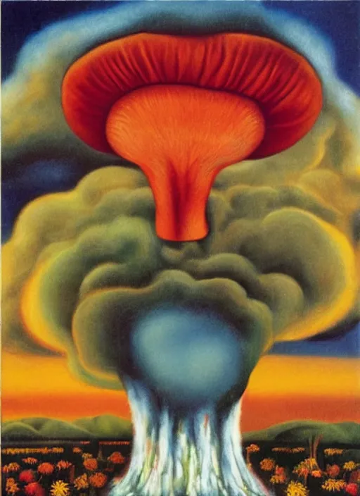 Image similar to 8 0 s new age album cover depicting a mushroom cloud in the shape of guy fieri, very peaceful mood, oil on canvas by frida kahlo