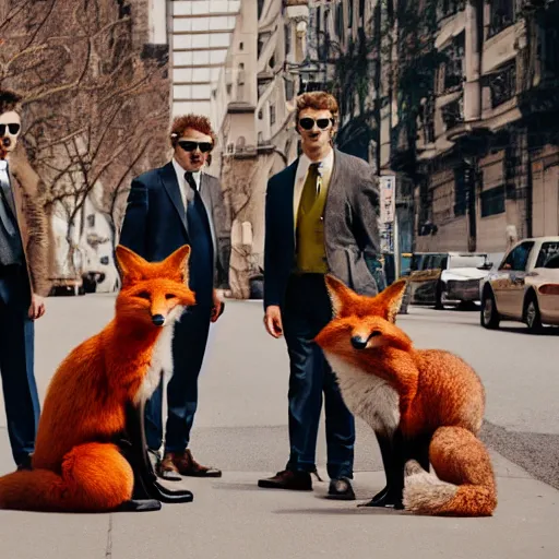 Prompt: rock album of foxes animals dressed in suits and sunglasses, all looking at camera, 8 5 mm f / 1. 4