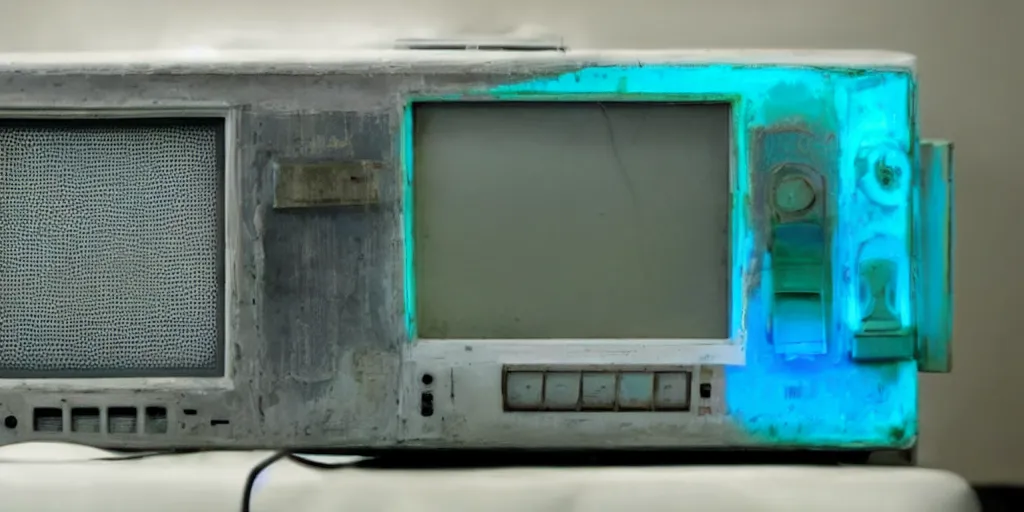 Image similar to an old CRT tv with a glowing blue screen, on an old chair in an empty room, eerie atmosphere and dim green lighting