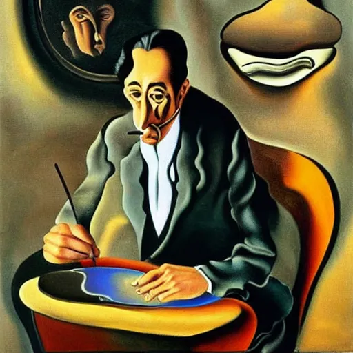 Image similar to salvador dali painting a selfportrait, in the style of salvador dali