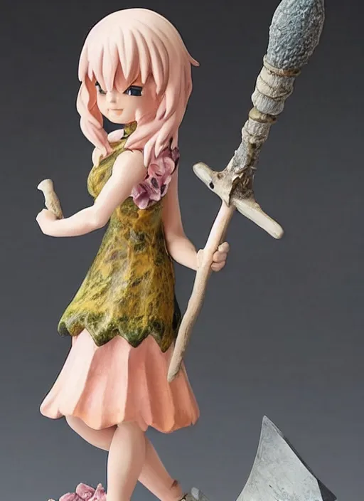 Prompt: a wholesome femo figurine of a cute funny axe fairy with freckles wearing a frilly floral axe dress featured on dark souls by studio ghibly and h r giger made of woodcutter's hatchet, pastels, wide angle, dynamic dancing pose, 🎀 🪓 🧚