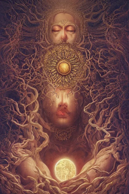 Image similar to Intricate stunning highly detailed deity by agostino arrivabene, surreal, digital painting, ultra realistic, Horror vacui, dramatic lighting, full moon, ravens, thick black swirling smoke tornado, burning fire embers, artstation