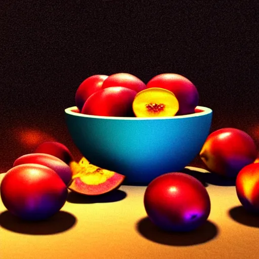 Image similar to concept art of a single bowl filled with a few moist freshly picked plums on a wooden table. digital painting. volumetric lighting. small scale. artistic. trending on artstation.