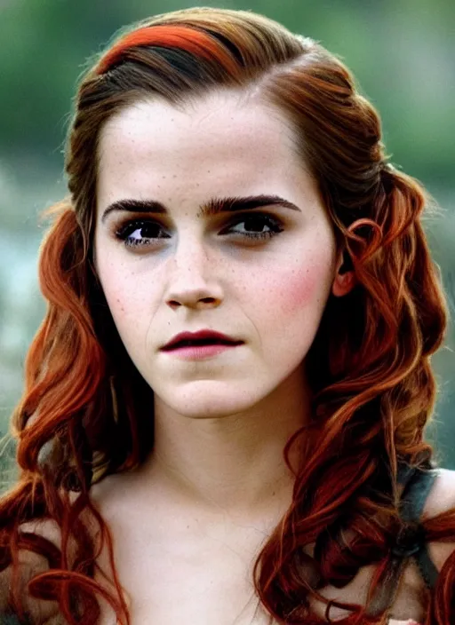 Image similar to photography emma watson as chubby red sonja cinematic