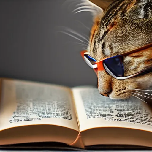 Prompt: ultra-realistic photo of the cat in glasses reading a book