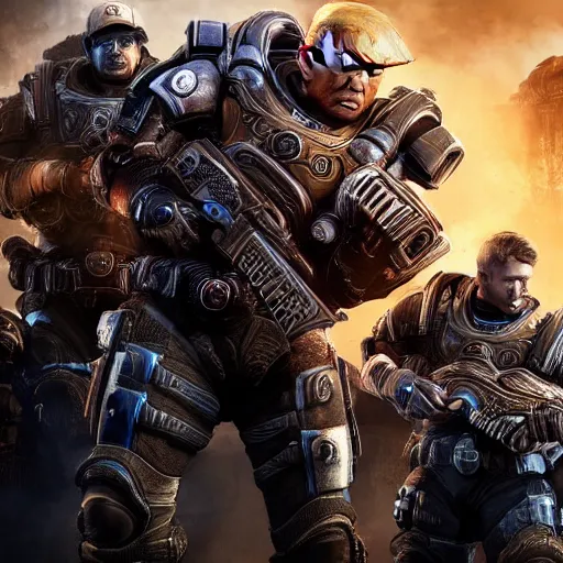 Image similar to Photo portrait of Donald Trump as Crusader!! in Gears of War, splash art, movie still, detailed face, photorealistic facial features, cinematic lighting, dramatic, octane render, long lens, shallow depth of field, bokeh, anamorphic lens flare, 8k, hyper detailed, 35mm film grain