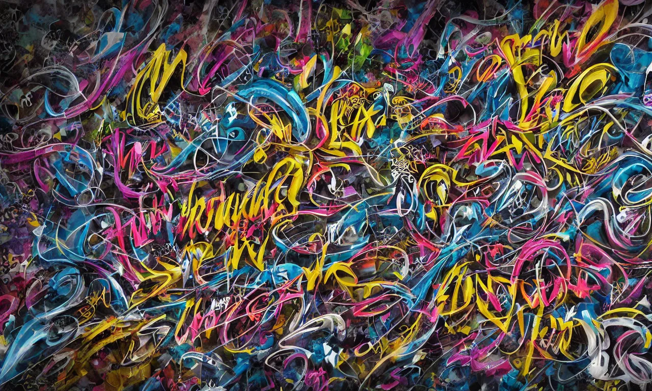 Image similar to extreme 3 d caligraphy graffiti maximalism, octane render