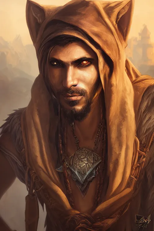 Image similar to portrait of young wild arabian nomad half werewolf, with yellow cloths, league of legends splash art, castlevania, hearthstone splash art, full body shot, rule of thirds, ultrafine hyperrealistic detailed face, artgerm, greg rutkowski, trending on artstation, 8 k, intricately detailed, highly detailed