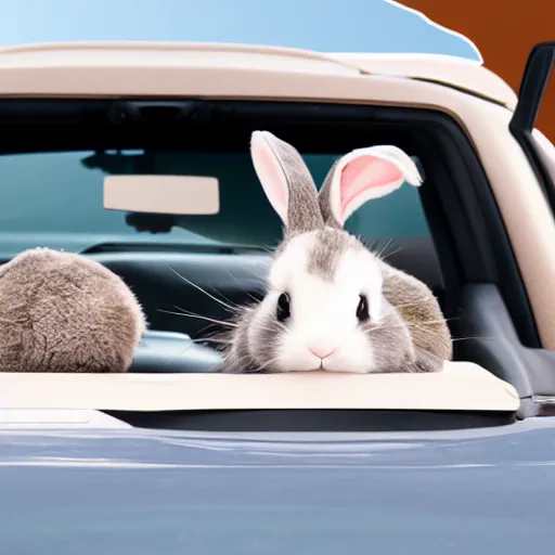 Prompt: a cute bunny driving a fully visible convertible, studio photo, high quality