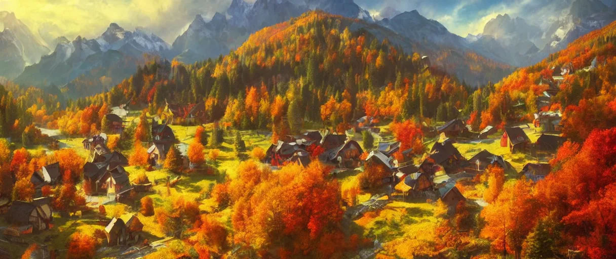 Prompt: a puritan alpine village in the fall, unique artstation artist, vibrant colors,