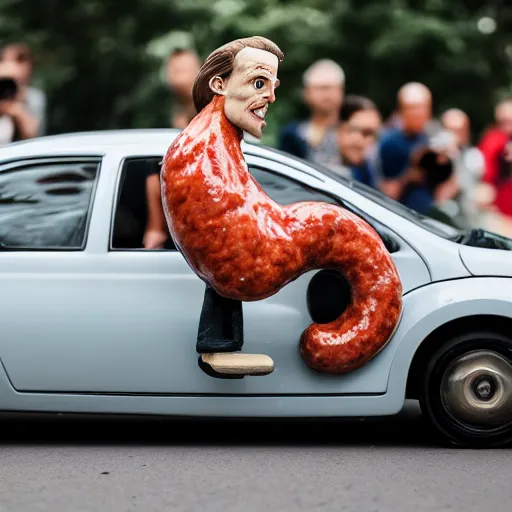 Image similar to steve buscemi driving a sausage car, canon eos r 3, f / 1. 4, iso 2 0 0, 1 / 1 6 0 s, 8 k, raw, unedited, symmetrical balance, in - frame