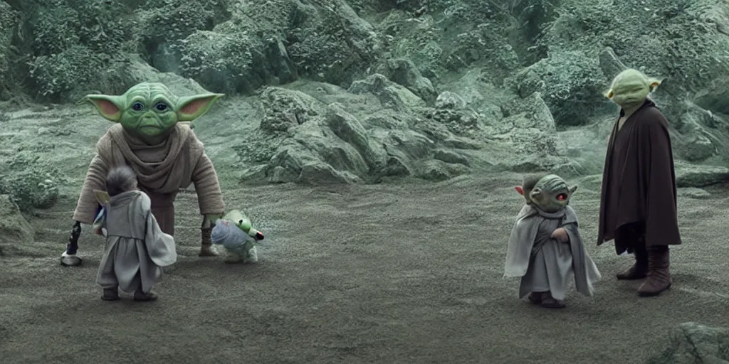 Image similar to Luke Skywalker teaches baby yoda at Jedi Temple scene from the last jedi, 2022, film by Stanley Kubrick, serene, iconic scene, stunning cinematography, hyper detailed, sharp, anamorphic lenses, kodak color film