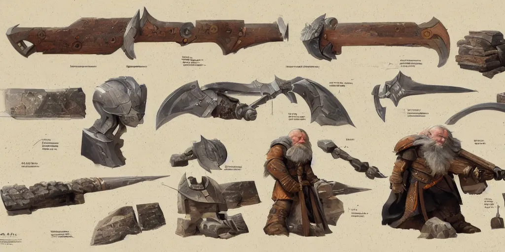 Image similar to schematic diagram of axes, dwarven, weapons, built, book, page, detailed, cross section, trending on artstation, cgsociety, Ralph McQuarrie and Greg Rutkowski