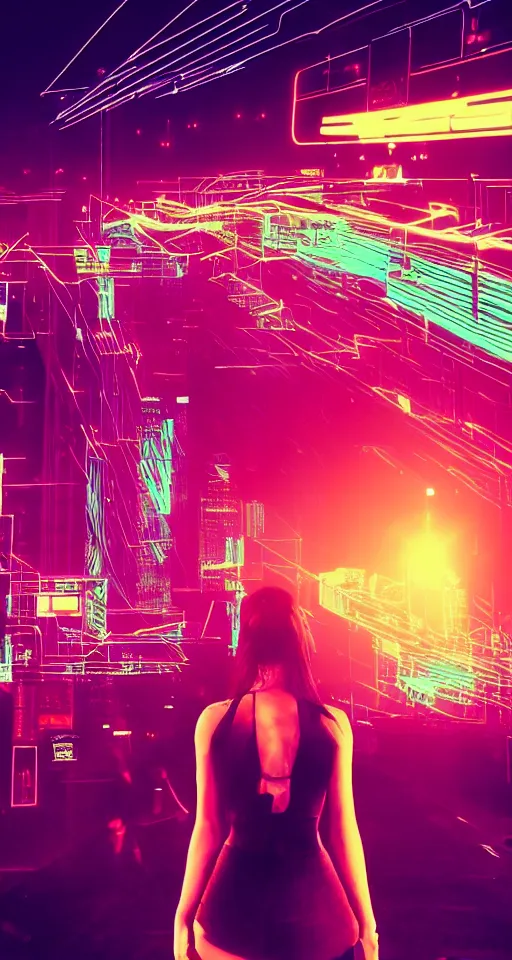 Prompt: cyberwomen, neon lights, city, glow, sunset, cinematic, retrowave style,