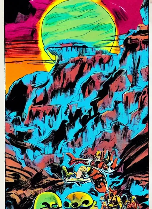Prompt: comic book drawing of aliens at the grand canyon by jack kirby!!! and gris grimly, cinematic, epic, awesome bright color palette, hard contrast, black ink outlines