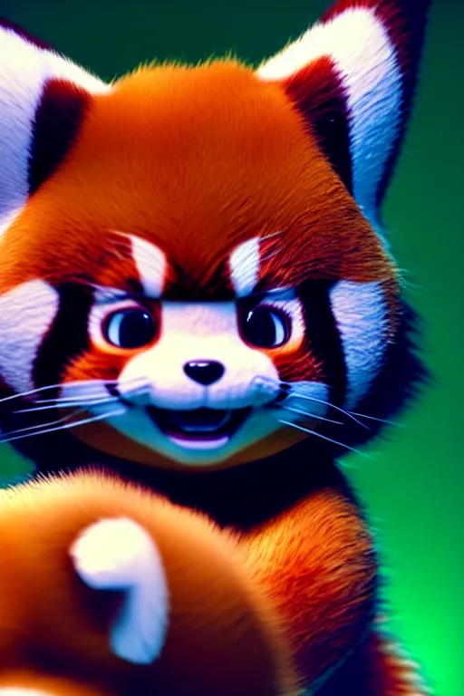 Image similar to high quality 3 d render close - up of very cute red panda & cat hybrid, vray, detective pikachu, very dramatic light, low angle uhd 8 k, shallow depth or field