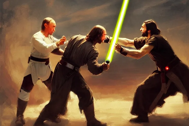 Image similar to putin and jesus christ fight with lightsabers from the star wars, fist fight, detailed faces, putin face, in battle by anders zorn, wonderful, masterpiece by greg rutkowski, beautiful cinematic light, by greg manchess, jessica rossier