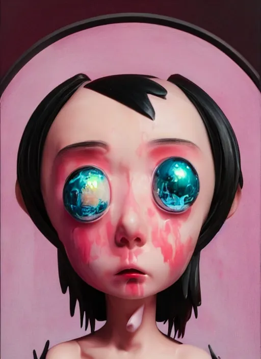 Prompt: a dramatic emotional hyperrealistic pop surrealist oil panting of a sad sobbing kawaii vocaloid figurine caricature with pretty sparkling anime eyes sobbing red in the face ugly crying with tears and snot featured on spitting image by caravaggio made of madballs