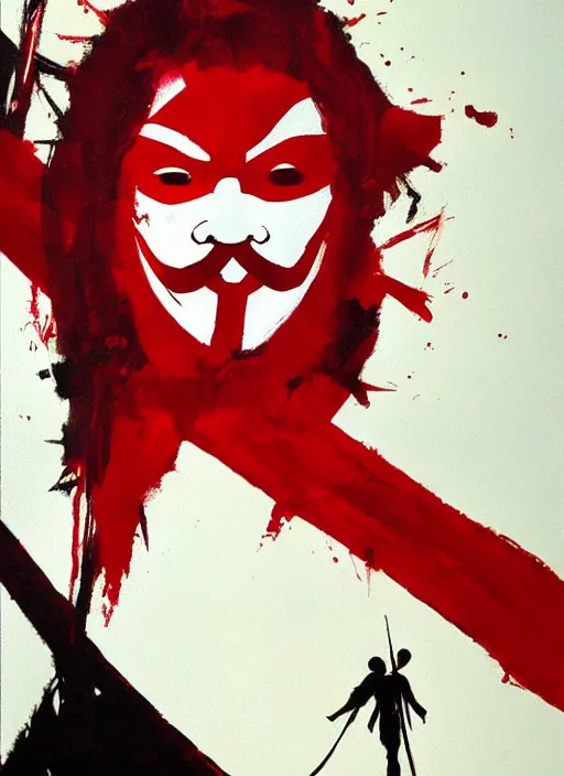 Prompt: v for vendetta by ashley wood, yoji shinkawa, jamie hewlett, 6 0's french movie poster, french impressionism, black red white colors, palette knife and brush strokes, dutch tilt