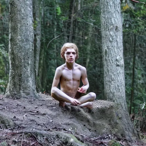 Prompt: Small humanoid creature. Smooth pale skin. Green eyes. Loincloth, ragged shirt. Sitting in the forest. Detailed face.