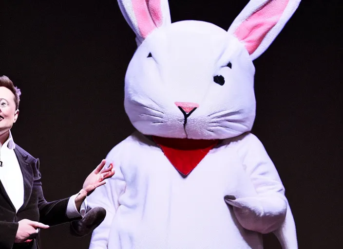 Prompt: elon musk presenting the new tesla wearing a bunny costume, award winning photo