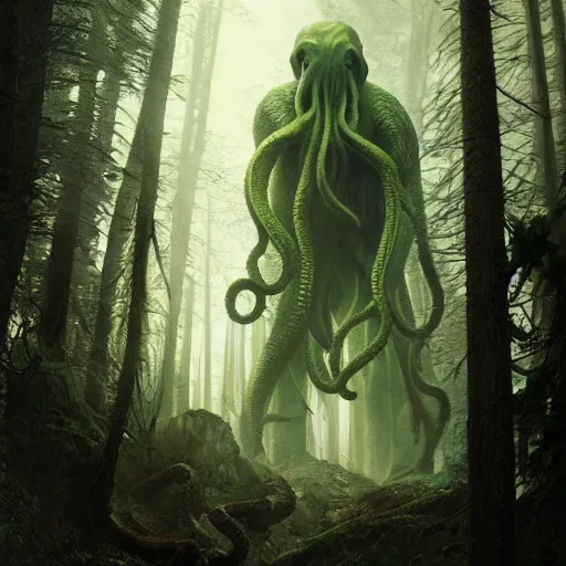 Image similar to cthulhu towering over the forest, 8 k octane beautifully detailed render, post - processing, extremely hyper - detailed, intricate, epic composition, cinematic lighting, masterpiece, trending on artstation, masterpiece, stunning art by anders zorn, wonderful masterpiece by greg rutkowski, beautiful cinematic