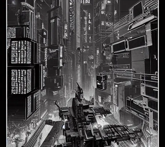 Image similar to a black and white illustration of a cyberpunk epic Friday night firefight in the style of MC Escher, Night City, cyberpunk 2077, 1979 OMNI Magazine Cover, very very coherent, street level neo-Tokyo in Cyberpunk 2045, 4k, 8k, HD, trending on artstation