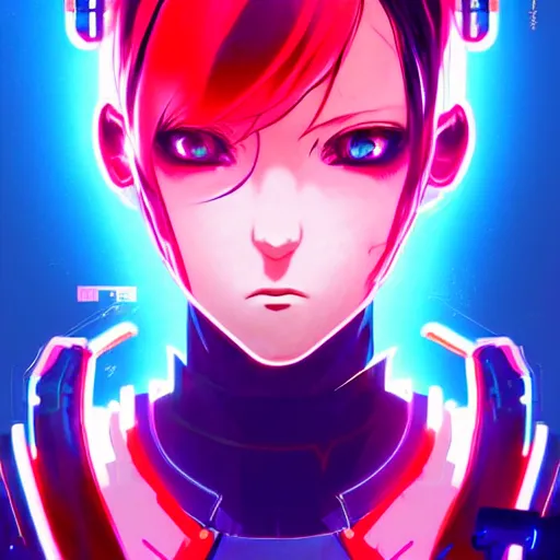 Image similar to digital cyberpunk anime character concept art, gorgeous anime girl symmetrical face, small female android cyborg - angel, glowing red left eye and glowing blue right eye, fullbody!! wlop, rossdraws sakimimichan, ilya kuvshinov, krenz cushart, greg rutkowski.