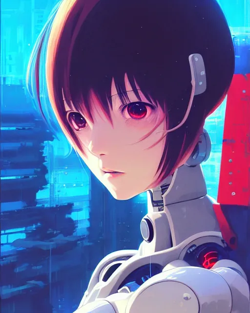 Image similar to portrait of friendly and peaceful anime cyberpunk robot face, anime, warhammer 4 0 0 0 0, realistic shaded lighting, by ilya kuvshinov katsuhiro otomo, magali villeneuve, artgerm, rutkowski, wlop jeremy lipkin and giuseppe dangelico pino and michael garmash and rob rey and tsutomu nihei