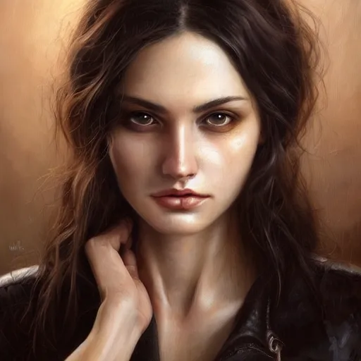Prompt: a beautiful woman with a leather jacket made of human skin, full body, hyper realistic, 8 k resolution, very beautiful face, pretty face, very detailed eyes, highly detailed, oil painting, painted by artgerm, tom bagshaw, wlop, greg rutkowski, fantasy art