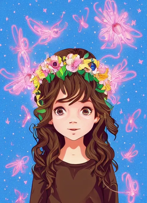 Image similar to a little girl with wavy curly light brown hair and blue eyes. she is wearing a flower crown and chasing fireflies. clean cel shaded vector art. shutterstock. behance hd by lois van baarle, artgerm, helen huang, by makoto shinkai and ilya kuvshinov, rossdraws, illustration, art by ilya kuvshinov