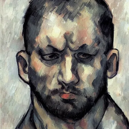 Prompt: A sad, melancholic, expressionless face that is trying to hold in anger, male face, tears, dark aesthetic, can\'t escape the sad expression, digital, trending on artstation, art by Paul Cezanne