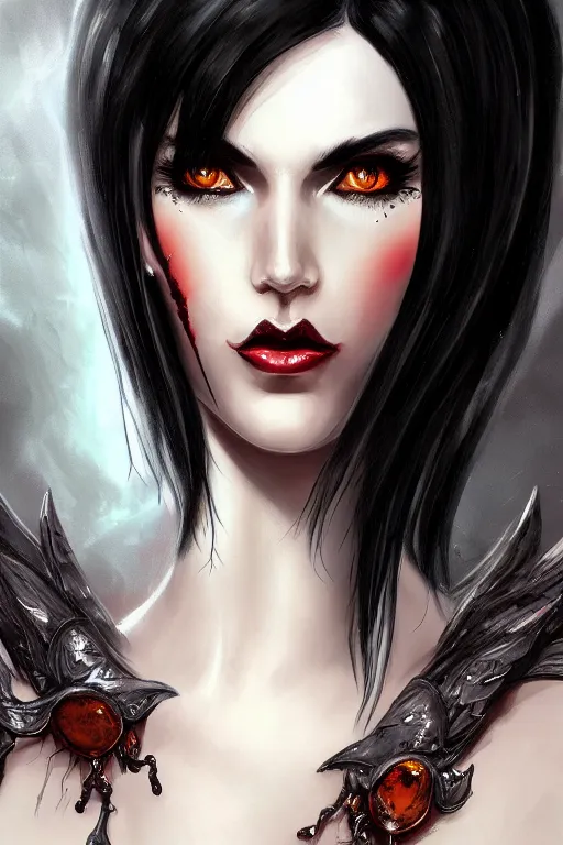 Image similar to female succubus with black hair and amber eyes bust portrait, dnd, fantasy, intricate, elegant, highly detailed, digital painting, artstation, concept art, smooth, sharp focus, illustration, art narcisse navarre